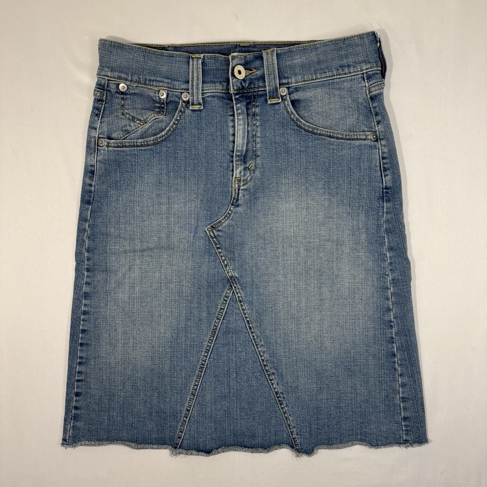 Vintage 90s Y2K Levi's Denim Jean Skirt Sz 10 A-Line Midi Raw Hem Distressed